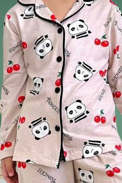 Zekalya Panda Patterned Girl's Pajama Set with Shirt Collar