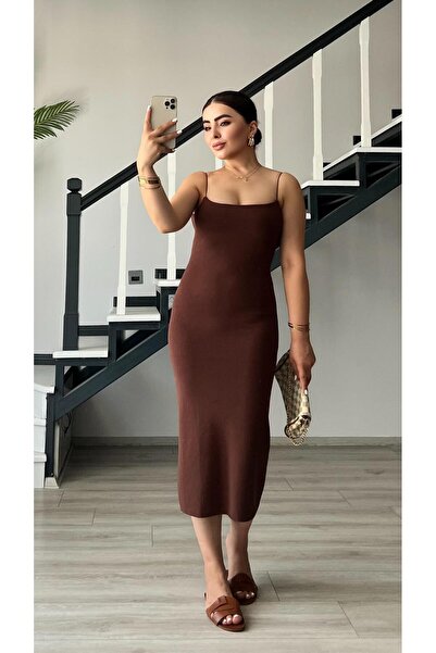 Oslove Acı Kahve Çelik Örme Askılı Elbise