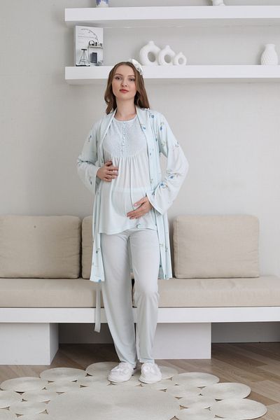 ERDENİZ TEKSTİL Flower Patterned Maternity-Pregnant Pajama Set with Dressing Gown, Short Sleeves, Set of 3