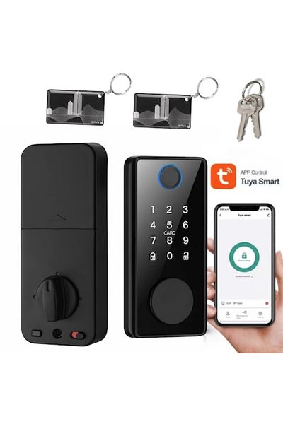 SMART GADGETS C&A Smart Black Lock with Fingerprint, PIN Code, RFID, Keys and Card Access, Tuya App Control