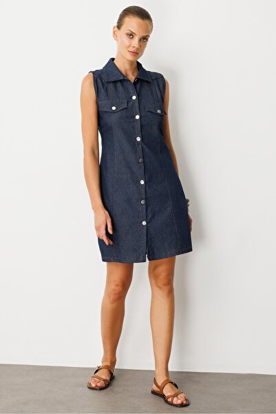 accort Düğme Detaylı Kot Elbise-MAVİ