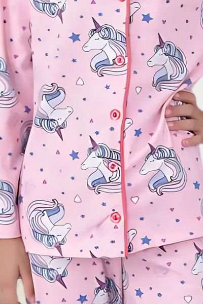 Zekalya Unicorn Patterned Girl's Shirt Collar Buttoned Pink Pajama Set