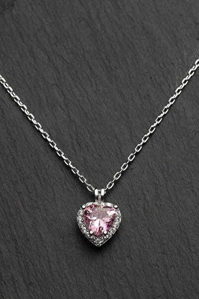 OTTOTESBİH Kadın 925 Ayar Gümüş Pembe Tektaş Kalp Kolye Charm Model