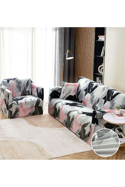 trendyhome Elastic Cover with Arms, 2-Seater Sofa, Grey/Black/Pink, J11207