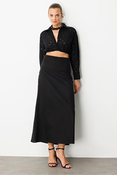 accort Pamuklu Keten Uzun Etek-SİYAH