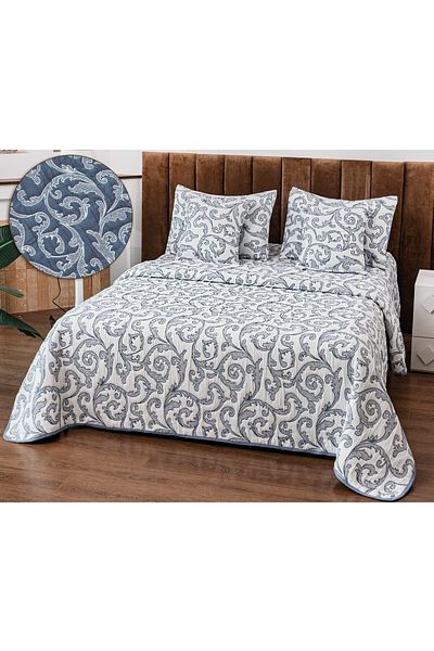 trendyhome Double Bedspread, Cotton with Linen, 5 Pieces, Elegant, Blue/White, PT24091