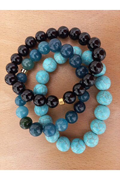 LemaStone Mavi Akik taşlı ,Turkuaz firuze taşı ve Siyah oniks doğal taşlı üçl...