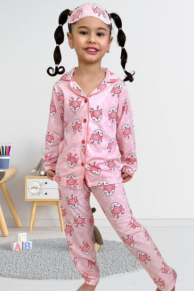 Zekalya Cute Gazelle Patterned Shirt Collar Girl's Pink Pajama Set