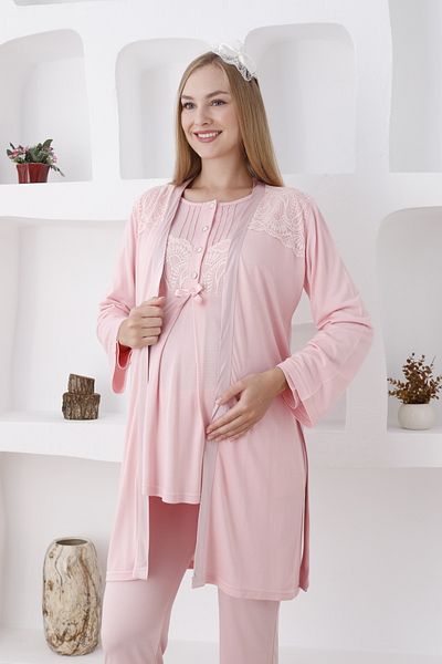 Lohussa Women's Salmon Special Design Buttoned Lace Maternity Maternity Dressing Gown Pajama Set Set of 3