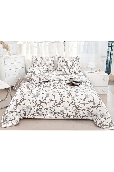 trendyhome Double Bed Quilt, Cotton with Lining, 5 Pieces, Twigs, White/Brown, PT24075