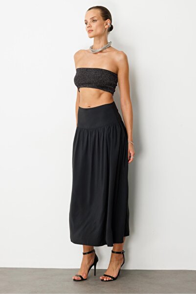 accort Korsajlı Büzgülü Uzun Etek-SİYAH
