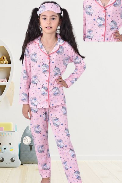 Zekalya Unicorn Patterned Girl's Shirt Collar Buttoned Pink Pajama Set