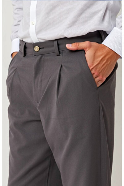 Fandr Store Gray Men's Pleated Elastic Waist Baggy Fit Fabric Trousers