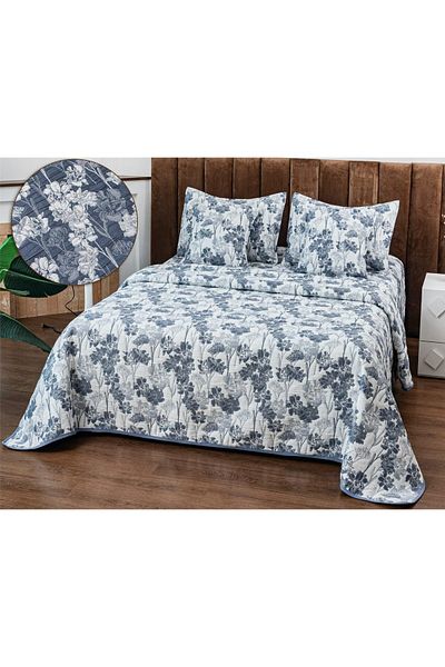 trendyhome Double Bedspread, Cotton with Linen, 5 Pieces, Poppies, Blue/White, PT24087