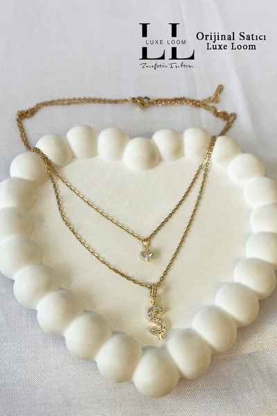 Luxe Loom Zarafetin Işıltısı Kadın Kararmayan Çelik Gold Zirkon Taşlı Küçük Kalpli Ş Harfli Çift Katman Kolye Gold006