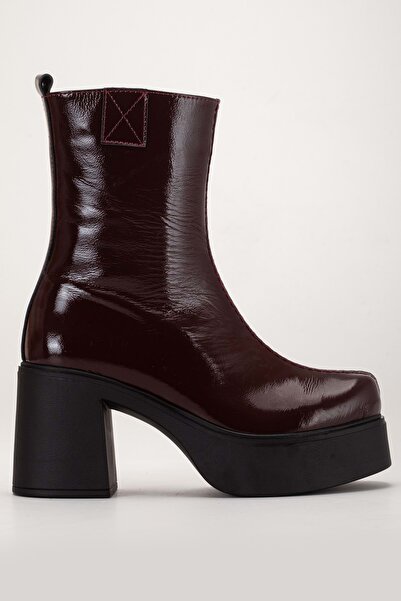 ANALİN SHOES Kadın Hakiki Deri Kalın Tabanlı Topuklu Bot - Bordo Rugan