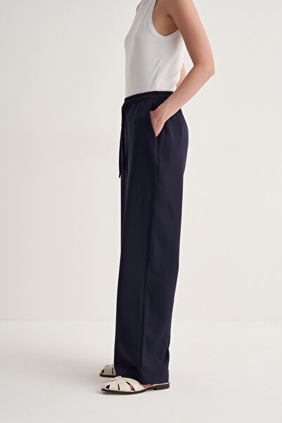 EBU Prive Women's Elastic Waist Palazzo Trousers Navy Blue