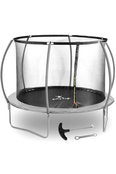 Gymrex Trampolina ogrodowa z siatką i osłoną na sprężyny śr. 305 cm do 100 kg czarno-szara