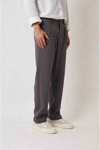 Fandr Store Gray Men's Pleated Elastic Waist Baggy Fit Fabric Trousers