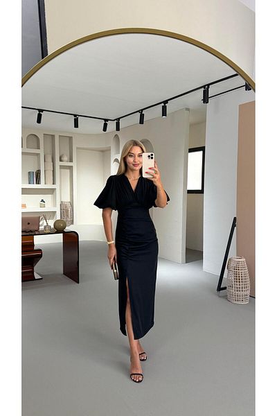Sezgi Tekin Drape Detail Slit Black Satin Dress