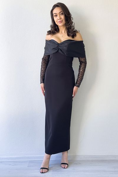 the ZKS Women's Boat Neck Bow Detailed Midi Length Dress White, Black
