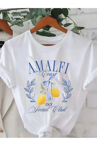İSMTEXS Copy - Crew Neck Unisex Basik Short Sleeve Amalfi Coast Lemon Print Combed Cotton T-Shirt