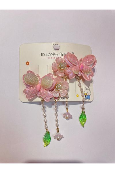 La She Accessories Pink Color Chain with Butterfly and Flower Detail 2 Pieces of Latch Buckle