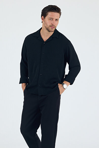 Trn JNS Берлінська чорна літня сорочка з аеробіном, з льоняним плетінням, зручного крою, оверсайз, чоловіча сорочка