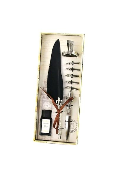 BLA BLA FOAM Quill Pen Set – 9 pieces, Vintage, Black, special gift, premium writing instruments