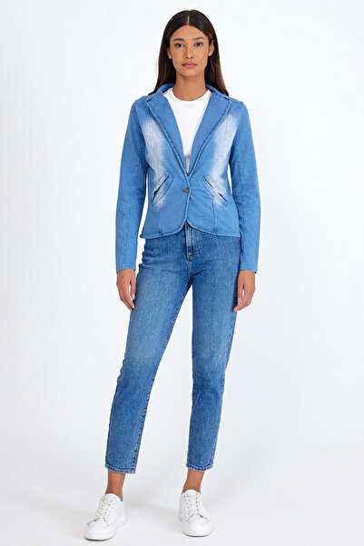 BEGBOR LİNGERİE Women's Blue Denim Look Blazer Jacket – Slim Fit Single Button Denim Look