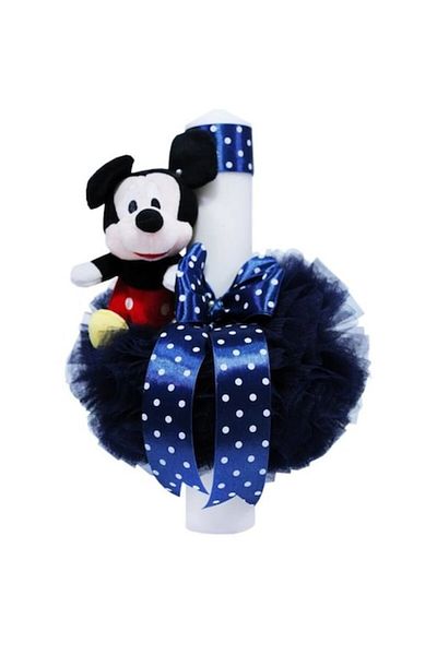 OEM Lumânare de botez, tul și pluș, Mickey Mouse, 35x5cm, albastru închis