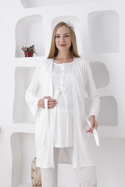 Lohussa Women's Ecru Special Design Buttoned Lace Maternity Maternity Dressing Gown Pajama Set Set of 3