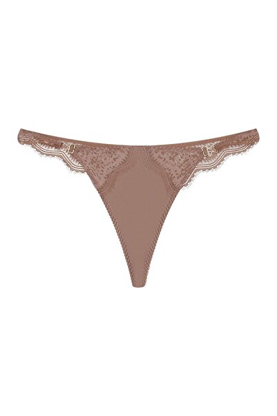 ESOTIQ Women's Satin Thong G-String Panties with Lace Back & Golden Details | Brillant
