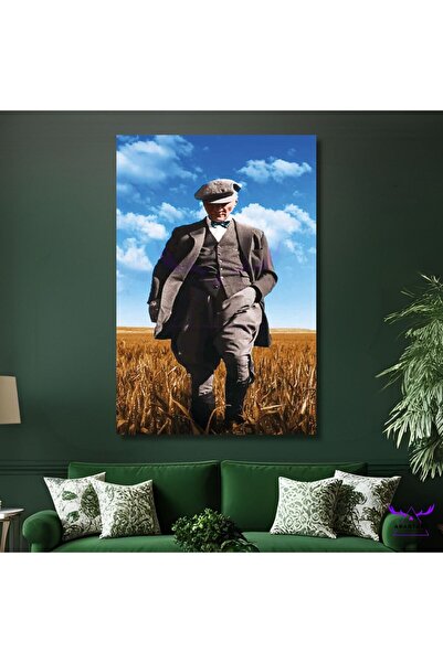 abartart Tekli Dikey Kanvas Duvar Tablosu Altın Başaklar İçinde Yürüyen Atatürk
