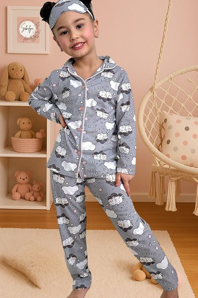 Zekalya Lamb and Cloud Pattern Girl's Shirt Collar Button Gray Pajamas Set