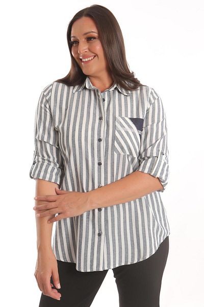Metpoint Ριγέ πουκάμισο Trend42plus Plus Size Navy Blue Stone με στάμπα