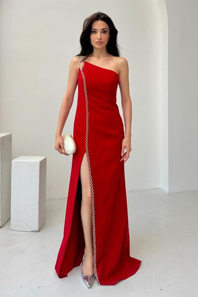 Serica Moda Kırmızı Tek Omuz Zincir Detaylı Balık Abiye Elbise