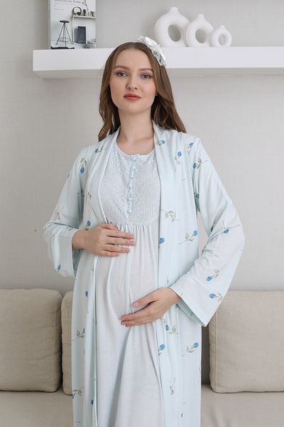 ERDENİZ TEKSTİL Flower Patterned Maternity-Uterine 2-Piece Set with Dressing Gown and Short Sleeve Nightgown