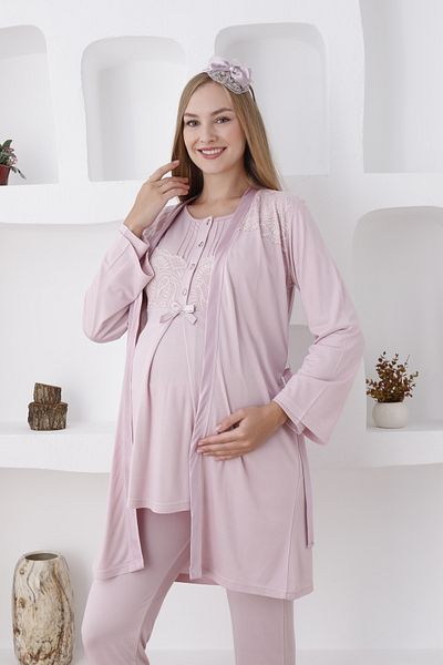Lohussa Women's Powder Special Design Buttoned Lace Maternity Maternity Dressing Gown Pajama Set Set of 3