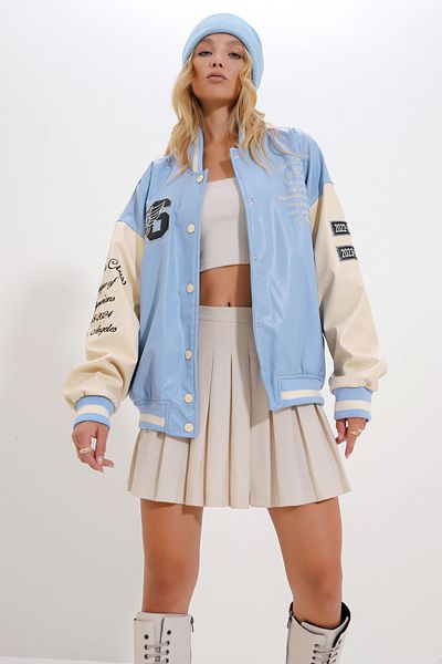 VAGGON Women's Blue Double Pocket Snap Closure Oversize Bomber Jacket Prmx12596