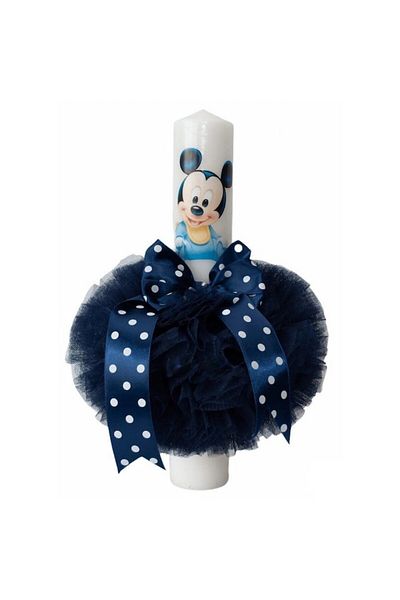 OEM Lumanare de botez baieti, Tulle, Mickey Mouse, 35x5cm, Bleumarin