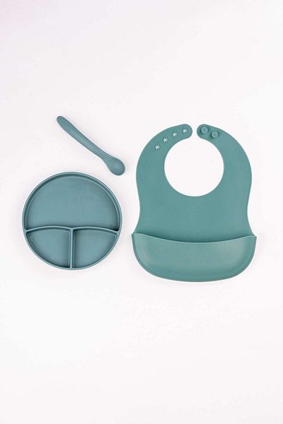 NoiBaby 3-Piece Silicone Food Set – Bib + Teether Spoon + Vacuum Plate (Green)