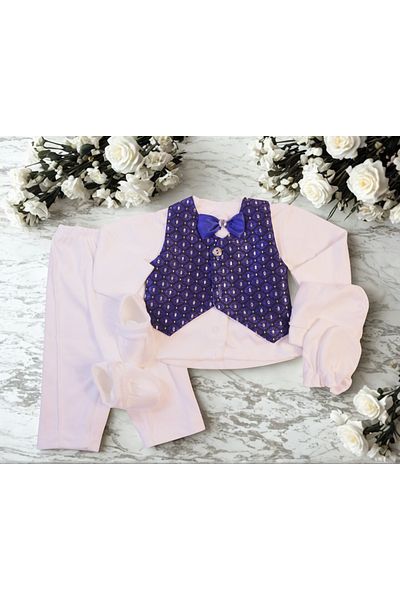 OEM Set complet de botez pentru băieți - Costum elegant 0-3 luni, lumânare și accesorii