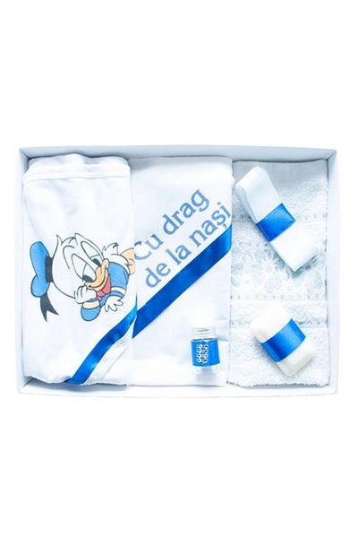 OEM Trusou Botez Baieti, 6 piese, "Cu drag de la Nasi", Donald, Alb-Albastru