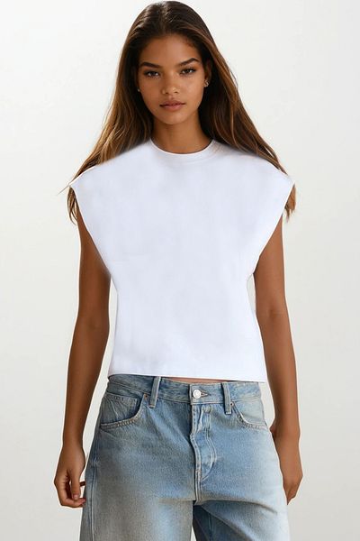 VAGGON Tricou alb pentru femei, cu decolteu, cu umeri, fără mâneci, Prmx14181