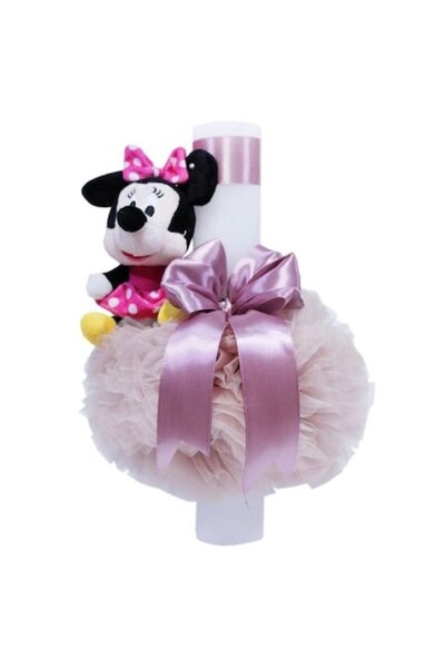 OEM Λαμπάδα Βάπτισης, Τούλι και Πελούς, Minnie Mouse, 35x5εκ., Ροζ Πούδρας