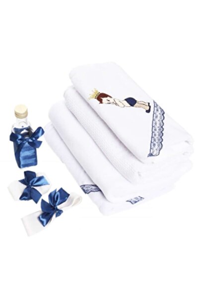 OEM Trusou Botez Baieti, 7 piese, Model Brodat, Sweet Prince, Alb-Bleumarin