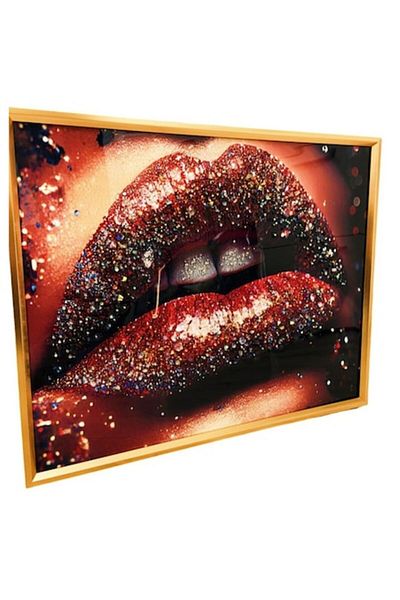 BLA BLA FOAM Pictură 3D din rășină cu pietre strălucitoare, buze lucioase, 52x42 cm – Artă decorativă murală