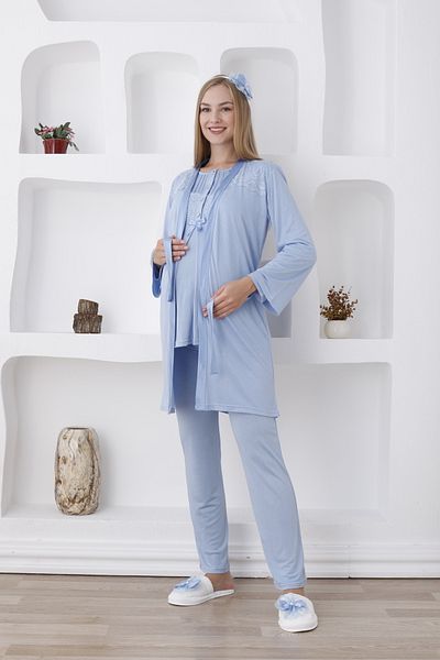Lohussa Set de pijamale pentru femei, albastru, cu design special, cu nasturi, cu volan, pentru maternitate, pentru gravidă, set de 3 piese