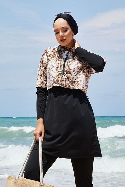EBRUTESETTÜR Half Zipper Palm Pattern Hijab Swimsuit